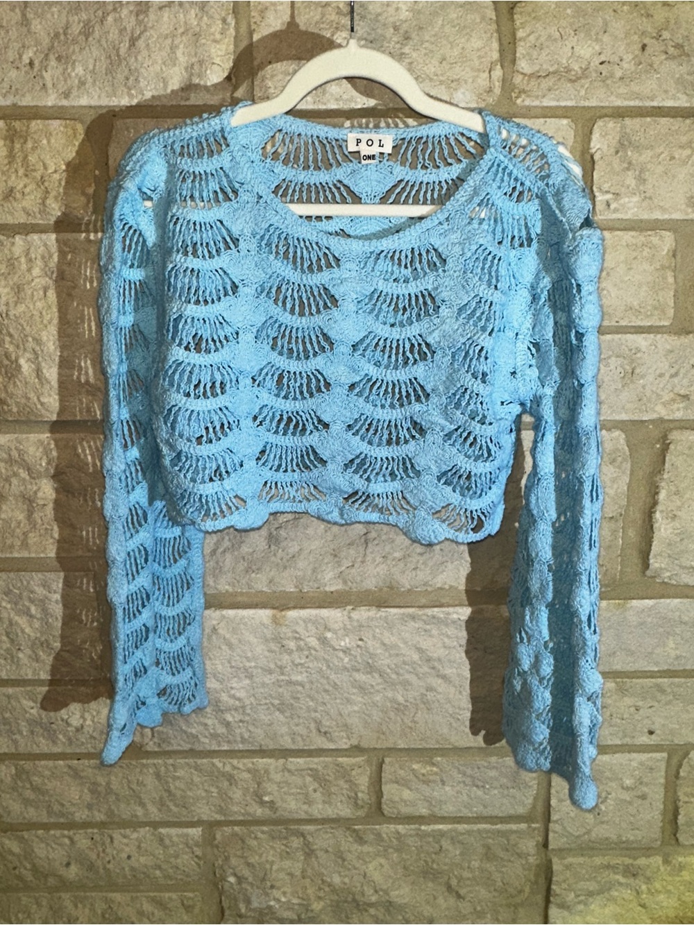 POL Light Blue Open-Knit Cropped Sweater Top
